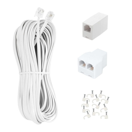 Picture of Long Telephone Extension Cord 100FT, White, Phone Cable Line Wire with Standard RJ11 Plug, 1 Phone Line Splitter, 1 in-line Coupler and 65 Cable Clip Holders for Telephone Calling Communication