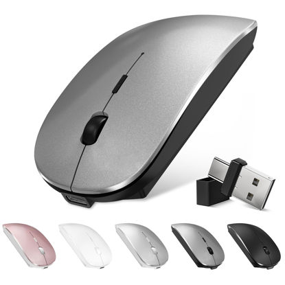 Picture of Bluetooth Wireless Mouse for MacBook Air Mac Pro Laptop Computer iPad Pad PC Optical Rechargeable Silent Mouse with Dual Mode Switch Mouse Bluetooth 5.2/3.0 and 2.4GHz USB Type-C Receiver (Gray)
