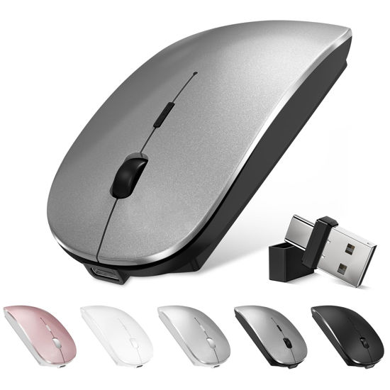 Picture of Bluetooth Wireless Mouse for MacBook Air Mac Pro Laptop Computer iPad Pad PC Optical Rechargeable Silent Mouse with Dual Mode Switch Mouse Bluetooth 5.2/3.0 and 2.4GHz USB Type-C Receiver (Gray)
