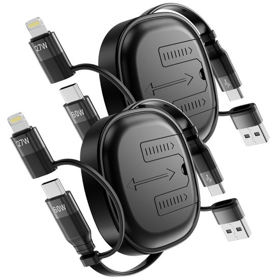 Picture of Multi Charging Cable, 2Pack 5 in 1 Retractable Lightning Chrger Cable 60W Fast Charging & Data Sync, Retractable Charging Cord Multi Car Charger for iPhone 16/15/14/13 iPads Samsung S24 S23 Tablets