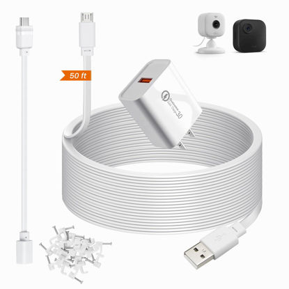 Picture of 50ft Power Extension Cable Compatible with Blink Mini 2, Blink Mini and Blink Outdoor 4 Cameras - 15m Long Flat Micro USB Charging Cord with 30cm USB C Waterproof Adapter and 18W Fast Charger, White