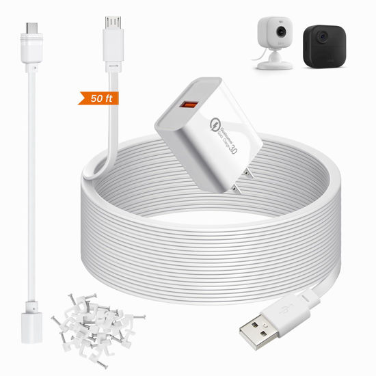 Picture of 50ft Power Extension Cable Compatible with Blink Mini 2, Blink Mini and Blink Outdoor 4 Cameras - 15m Long Flat Micro USB Charging Cord with 30cm USB C Waterproof Adapter and 18W Fast Charger, White