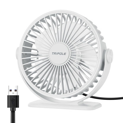 Picture of TriPole Desk Fan USB Powered Mini Portable Fan, 3 Speeds Adjustable Strong Breeze Personal Desktop Fan, 360° Rotation Quiet Plug In USB Fan for Bedroom Office Table Travel Cruise, White, 4.9ft Cable
