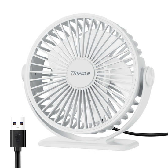 Picture of TriPole Desk Fan USB Powered Mini Portable Fan, 3 Speeds Adjustable Strong Breeze Personal Desktop Fan, 360° Rotation Quiet Plug In USB Fan for Bedroom Office Table Travel Cruise, White, 4.9ft Cable