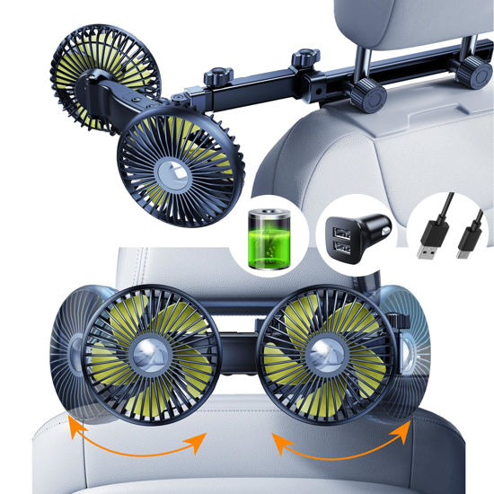 Picture of Nauttxon Battery Fan for Car Backseat with Retractable Long Arm, [Comes with Car Charger & USB C Cable*1] 360°Rotatable 3 Speeds Separate Control Rechargeable Car Fan for Back Seat for Vehicles SUV RV