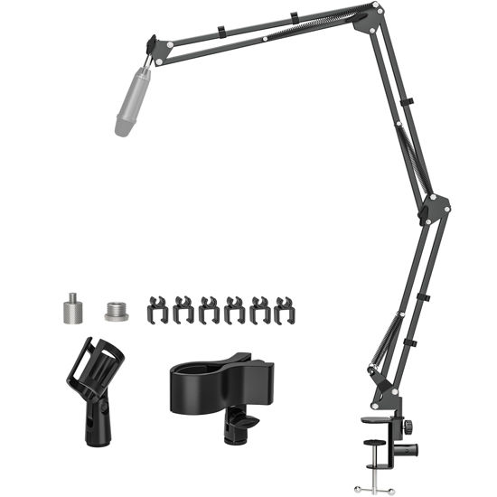 Picture of BAISHUN Microphone Boom Arm Mic Stand Holder for Yeti QuadCast SM7B M58 Q2U K669B and Other Microphones, Overhead Desk Mic Stand Clip with Cable Management Includes 1/4" 3/8" 5/8" Adapter