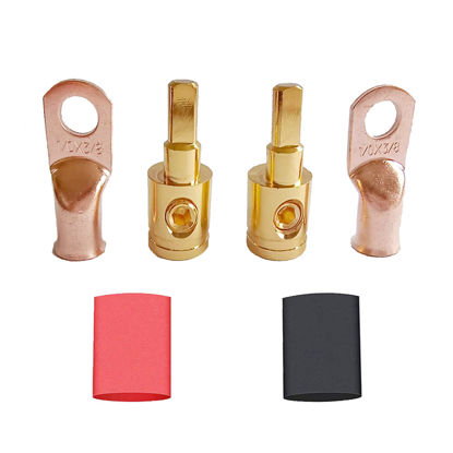 Picture of 2Pairs of Car Audio 1/0 Gauge to 4 Gauge Amp Input Reducers (Gold), with AWG 1/0-3/8 inch Battery Terminal Connector and Heat Shrink tubing
