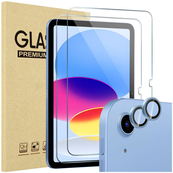Picture of ProCase 2 Pack Screen Protector for iPad 10th Generation + 2 Pack Camera Lens Protector Matching iPad Colors, Tempered Glass Film for iPad 10 10.9 2022 -Blue