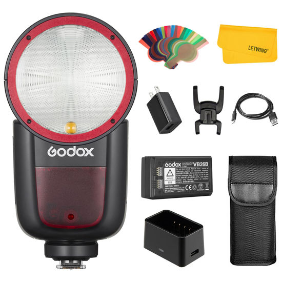 Picture of Godox V1-N V1N U Round Head Camera Flash for Nikon, 2.4G TTL Godox V1 Nikon Speedlite 1/8000s HSS Flash, Rechargable Li-ion Battery, 480 Full Power Shots, LED Modeling Lamp(USA Version)