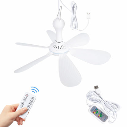 Picture of Xindejia USB Powered Small Ceiling Fan 6 Blades Quiet DC 5V USB Hanging Fans for Indoor Outdoor RV Bed Room Dorm Desk Travel Camping Tent Cubicle Mini Portable Canopy Fans - White