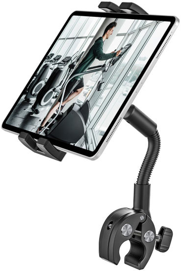 Picture of woleyi Gooseneck Tablet Bike Mount for Indoor Cycling, Gym Treadmill, Spin bike, Stationary Exercise bicycle, Peloton Handlebar, Elliptical, Stroller Clamp for iPad Pro/Air/Mini, Phone, 4.7-13" Tablet