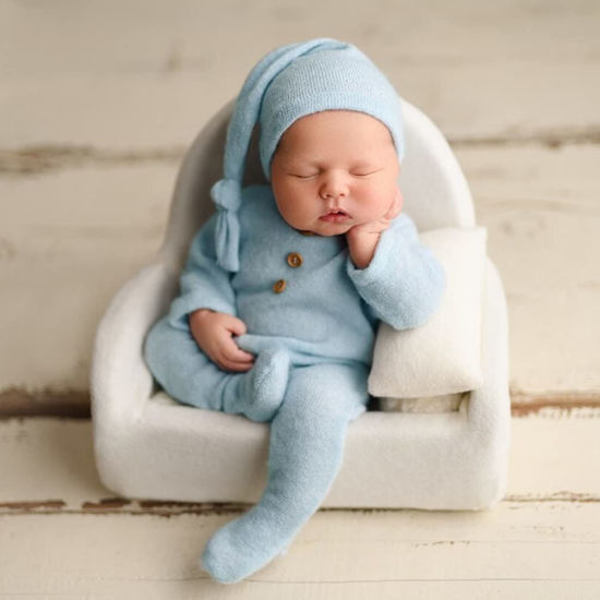 Picture of Fashion Newborn Boys Girls Baby Photo Shoot Props Outfits Crochet Clothes Long Tail Hat Pants Photography Props (Blue)