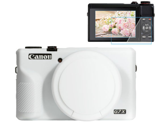 Picture of Pocoukate Case for Canon G7X Mark III Camera, Soft Silicone Protective Cover Skin with Removable Lens Cover for Powershot G7X Mark iii, Silicone Case with G7X3 Screen Protector Accessories - White