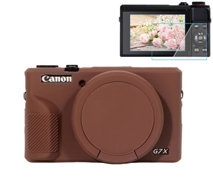 Picture of Pocoukate Case for Canon G7X Mark III Camera, Soft Silicone Protective Cover Skin with Removable Lens Cover for Powershot G7X Mark iii Camera, with G7X Mark III Screen Protector Accessories-Coffee