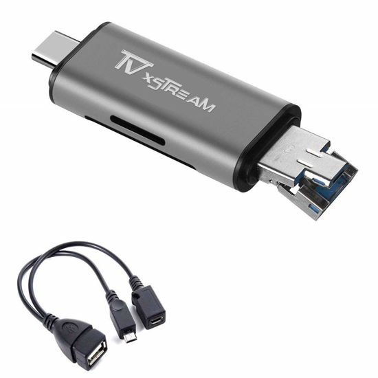 Picture of SD Card Reader, Storage Expansion OR File Transfer KIT for FIRESTICKS, Media Devices, Gaming Systems, 3-in-1 USB 2.0 / USB C/Micro USB Card Reader - SD Card, Micro SD, Includes OTG Cable