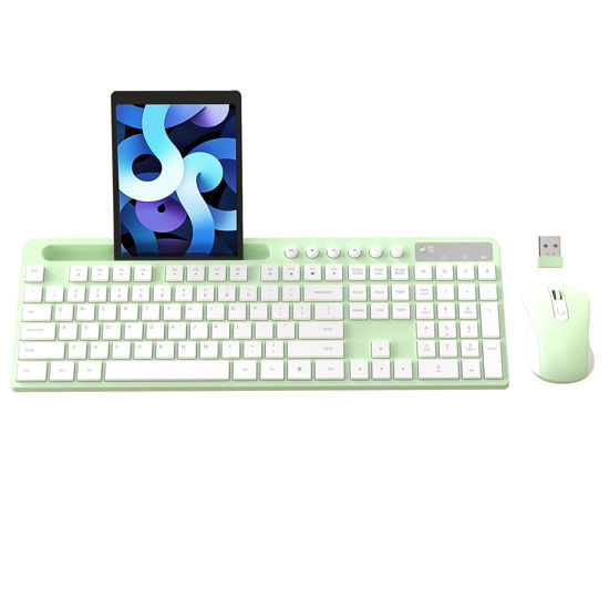 Picture of Wireless Keyboard and Mouse Combo, MARVO 2.4G Ergonomic Wireless Computer Keyboard with Phone Tablet Holder, Silent Mouse with 6 Button, Compatible with MacBook, Windows (Green)
