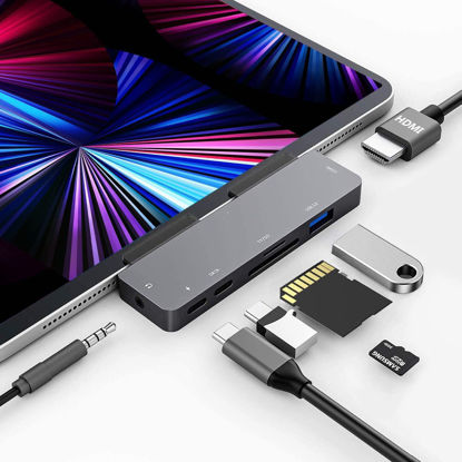 Picture of iPad Pro USB C Hub Adapter for iPad Pro 2024 M4 M2 M1,7-in-1 Hub with 4K@60Hz HDMI,3.5mm Jack,USB3.0,PD 60W,SD/TF Card Slot,iPad Air 4/5,iPad Mini 6,iPad Accessories