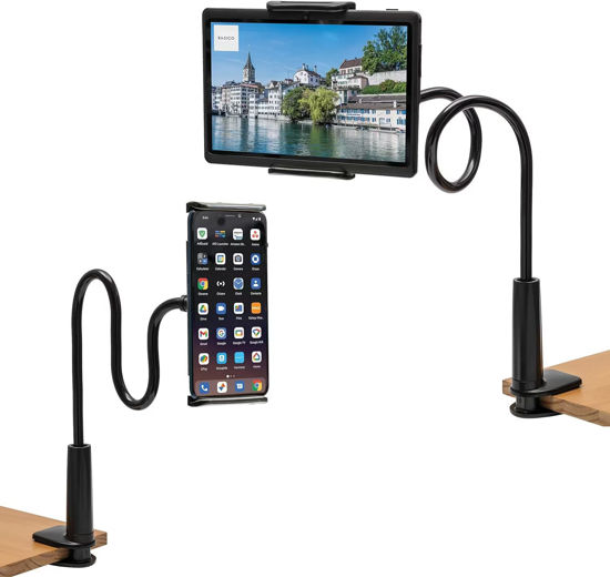 Picture of CLMCL Gooseneck Tablet Holder,Adjustable Tablet Holder Mount,Cell Phone Holder,Cell Phone Stand,Tablet Stand,Long Arm Bed Desk Bracket for cell phones and tablets 4-11 Inches Device (Black)