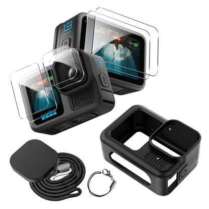 Picture of for Go Pro Hero 13 Black Case with [6 Pack] Tempered Glass Protector Compatible,Soft Silicone Cas+Lens Cover Cap+ Lanyard Accessories Bundle Kit-Black