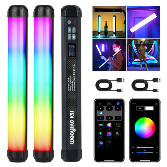 Picture of weeylite K21 2 Pack Magnetic RGB Tube Light, App Control Handheld RGB LED Video Stick Light Wand for Photography with Type-C Charging CRI 95+ 2500K-8500K LCD Display 3.7V/2500mAh Rechargeable Battery