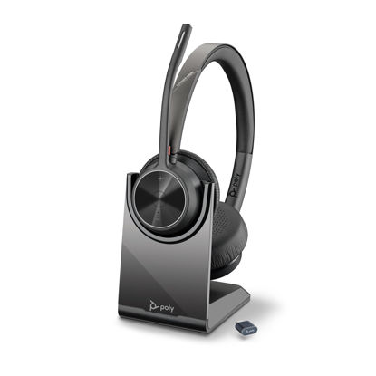 Picture of Poly Voyager 4320 UC Wireless Headset & Charge Stand (Plantronics) - Stereo Headphones w/Noise-Canceling Boom Mic - Connect PC/Mac/Mobile via Bluetooth - Works w/Teams, Zoom, & More - Amazon Exclusive