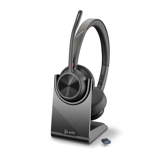 Picture of Poly Voyager 4320 UC Wireless Headset & Charge Stand (Plantronics) - Stereo Headphones w/Noise-Canceling Boom Mic - Connect PC/Mac/Mobile via Bluetooth - Works w/Teams, Zoom, & More - Amazon Exclusive