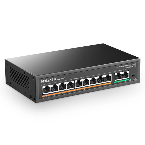 Picture of MokerLink 11 Port PoE Switch with 9 Port PoE+, 2 Fast Ethernet UpLink, 10/100Mbps, 120W 802.3af/at PoE, Fanless Plug & Play Network Switch