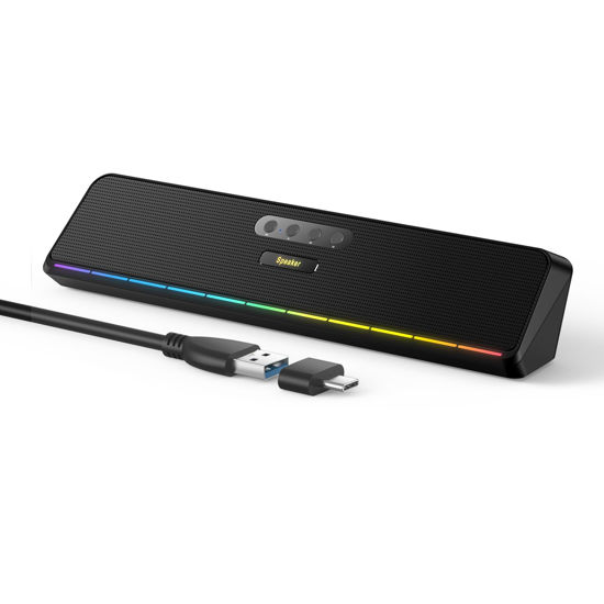 Picture of Computer Speakers for Desktop Laptop Tablet, Wired USB Mini Sound Bar Speaker with Stereo Sound, Vibrating Diaphragms, Flowing LED, Plug-n-Play PC Speakers Computer Sound Bar, Bluetooth & USB Input