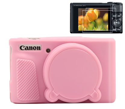 Picture of Pocoukate Case for Canon PowerShot SX740 HS Camera, Soft Silicone Protective Cover Skin with Removable Lens Cover for SX740/SX730 HS Accessories Rubber with Tempered Glass Screen Protector - Pink