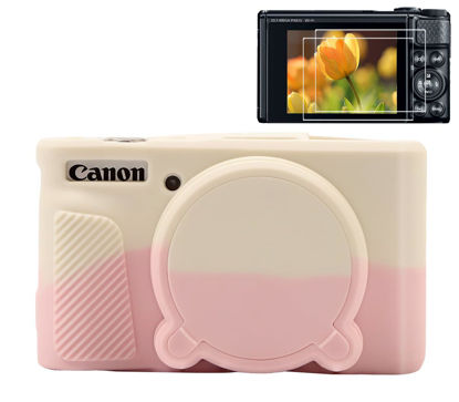 Picture of Pocoukate Case for Canon PowerShot SX740 HS Camera with Screen Protector, Soft Silicone Protective Skin with Removable Lens Cover for SX740/SX730 HS Accessories Rubber - Misty White Sakura Pink