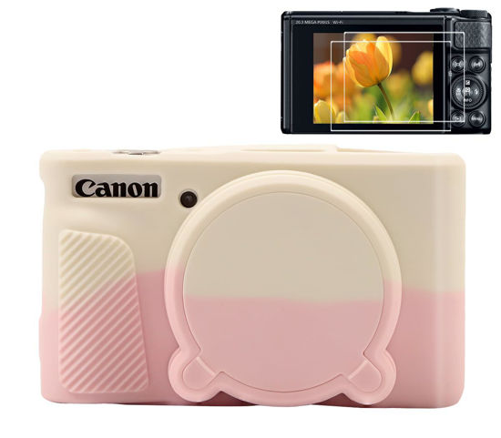 Picture of Pocoukate Case for Canon PowerShot SX740 HS Camera with Screen Protector, Soft Silicone Protective Skin with Removable Lens Cover for SX740/SX730 HS Accessories Rubber - Misty White Sakura Pink