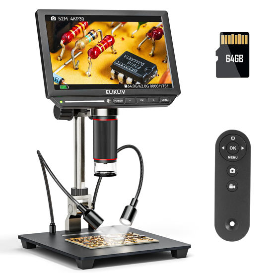 Picture of 4K Digital Microscope, Elikliv EM4K 8" Coin Microscope 2000x, 52MP HDMI Microscope, Soldering Microscope for Adults, LCD Microscope for Electronics Repair, 3840P UHD Video Microsocpe, 10" Stand, 64G