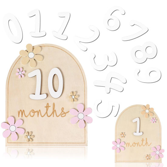 Picture of Beeveer Baby Monthly Milestone Cards with 11 Interchangeable Number Set of 12 for Baby Growth Recording Daisy Wooden Bohemian Milestone Blocks Baby Months Signs Baby Boy Baby Girl Photo Props (Cute)