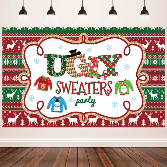 Picture of Christmas Backdrop Ugly Sweater Party Decoration Supplies Extra Large Fabric Red and Green Xmas Patterns Photography Background Winter Elfed Photo Booth Background Banner
