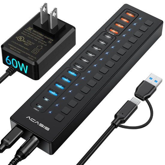 Picture of Powered USB 3.0 Hub, ACASIS 16 Port USB Hub Powered(Include 2*USB C 3.0+4 Smart Charging Port) with 60W Power Adapter, Support Wall Mount, USB Hub for PC Laptop, Mac, Printer, Camera