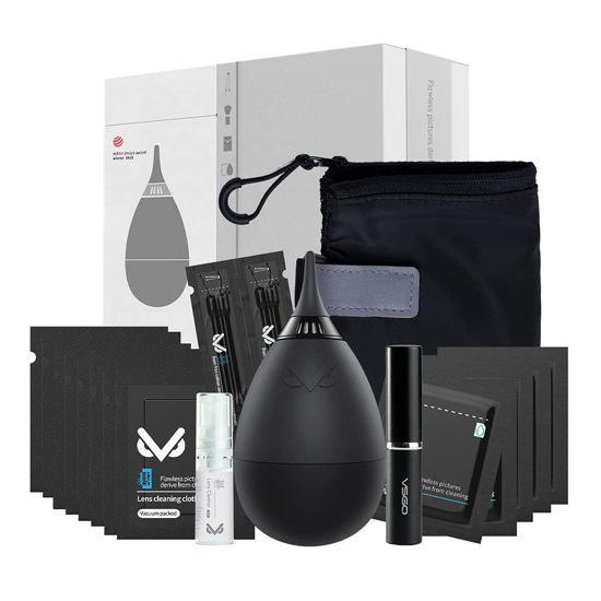 Picture of VSGO VS-A2E Professional Lens Cleaning Kit with Air Blower Folding Pouch Microfiber Lens Cloth Wet Wipes Lens Cleaner Metal Brush Cotton Swab Compatible for Optical Camera Lens Phone Laptop Cleaning