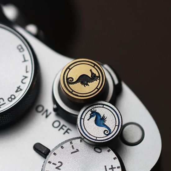 Picture of DBZZ Hippocampus japonicus Soft Release Button - Red - fits Any Standard Threaded Release - Fujifilm X100V, X100F, X100T, Xpro3 & Xpro2, X-T3, X-T2, X-E3, X-E2s, X-E2, X-T30, X-T20 (Silver and Brass)