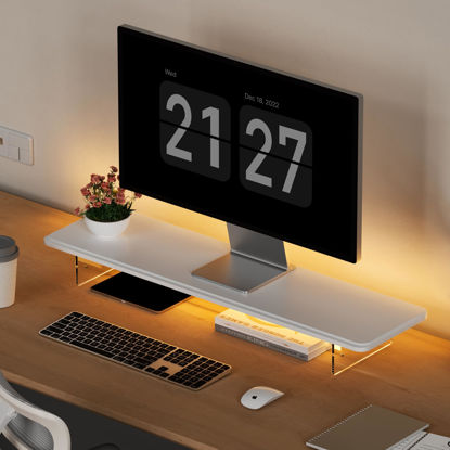 Picture of AFOOYO Monitor Stand Riser,31.5-Inch LED Light Wood Computer Monitor Stand with Adjustable Acrylic Legs,Desk Accessories Desktop Organizer Stand for Computer,Laptop,Printer,PC TV Screen Riser，White