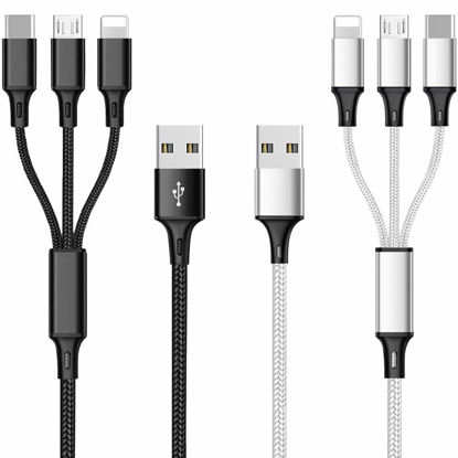 Picture of Multi USB Charging Cable 3A, 3 in 1 Fast Charger Cord Connector with Dual Phone/Type C/Micro USB Port Adapter, Compatible with Tablets Phone 12 11 Pro 8 7 6 Samsung Galaxy (4FT/2Pack Charging Only)
