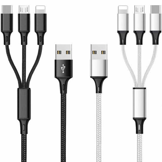 Picture of Multi USB Charging Cable 3A, 3 in 1 Fast Charger Cord Connector with Dual Phone/Type C/Micro USB Port Adapter, Compatible with Tablets Phone 12 11 Pro 8 7 6 Samsung Galaxy (4FT/2Pack Charging Only)