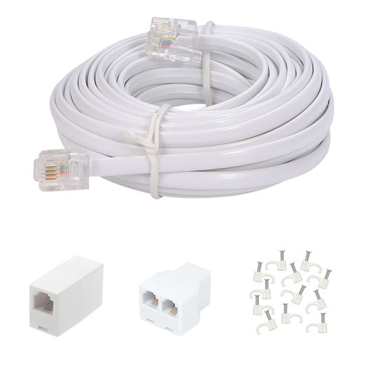 Picture of Long Telephone Extension Cord 20FT, White, Phone Cable Line Wire with Standard RJ11 Plug, 1 Phone Line Splitter, 1 in-line Coupler and 15 Cable Clip Holders for Telephone Calling Communication