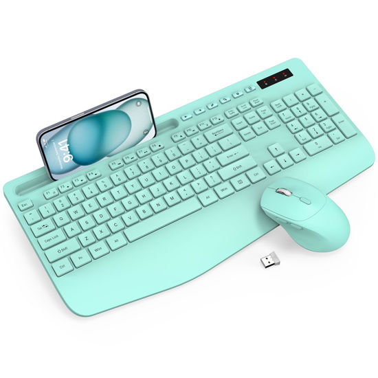 Picture of Wireless Keyboard and Mouse Combo - Full-Sized Ergonomic Keyboard with Wrist Rest, Phone Holder, Sleep Mode, Silent 2.4GHz Cordless Keyboard Mouse Combo for Computer, Laptop, PC, Mac, Windows (Green)