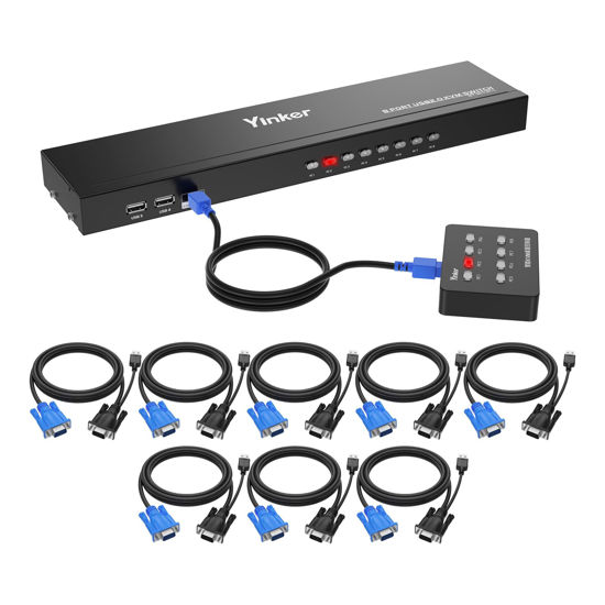 Picture of Yinker VGA KVM 8 Port, USB VGA Rackmount KVM + 8 KVM Cables + 4 USB Hubs + Wired Desktop Selector + Rack Mount Ears