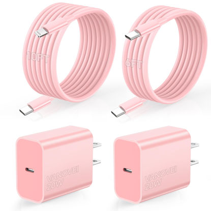 Picture of VANOVEI Compatible with iPhone Charger Fast Charging,2Pack 20W USB C Fast Charger Block with 6FT USB C Cable&10FT USB C to Liightning Cable Compatible with Phone 16/15/14/13/12 Pro/Pro Max,Pink