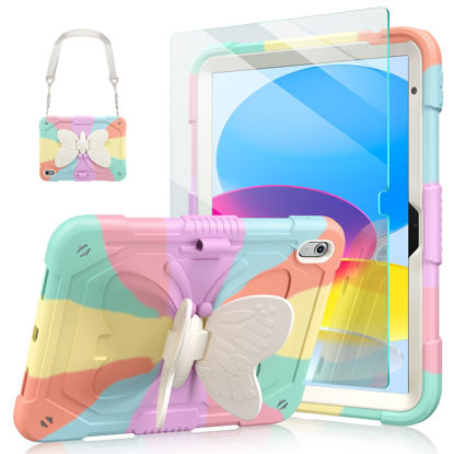 Picture of Ambison Case for iPad 10th Generation 2022 10.9 inch for Kids Girls with 9H Tempered Glass Screen Protector, Rugged Heavy Duty Shockproof Protective Case with Butterfly Stand,Carrying Strap-Multicolor