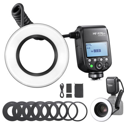 Picture of GODOX MF-R76N TTL Macro Ring Flash for Nikon TTL/M Mode 5900K 76Ws 2.4G Wireless Control 550 Full-Power Flashes 0.1-1s Recycle Time Dual-Flash Tubes with LCD Screen for Inscet Plant Jewelry Shooting