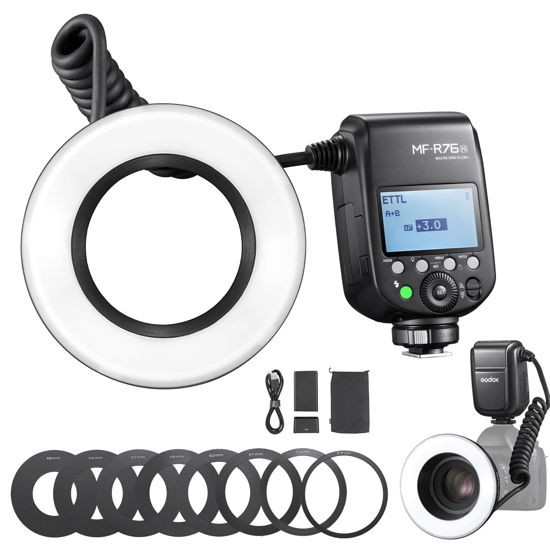 Picture of GODOX MF-R76N TTL Macro Ring Flash for Nikon TTL/M Mode 5900K 76Ws 2.4G Wireless Control 550 Full-Power Flashes 0.1-1s Recycle Time Dual-Flash Tubes with LCD Screen for Inscet Plant Jewelry Shooting