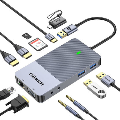 Picture of QGeeM USB 3.0 Laptop Docking Station, Triple Display USB Hub Hdmi Dual Monitor,USB Dock with 2 HDMI, VGA, USB 3.0, Card Reder Compatible for MacBook M1 M2 M3 M4 Dell HP Lenovo -Classic Grey