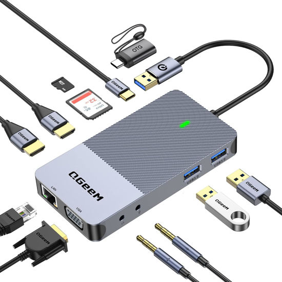 Picture of QGeeM USB 3.0 Laptop Docking Station, Triple Display USB Hub Hdmi Dual Monitor,USB Dock with 2 HDMI, VGA, USB 3.0, Card Reder Compatible for MacBook M1 M2 M3 M4 Dell HP Lenovo -Classic Grey