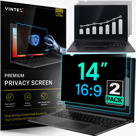 Picture of VINTEZ 14 Inch 16:9 Computer Privacy Screen Filter for Widescreen Monitor and Laptop - Anti-Glare - Anti-Scratch Protector Film - Data Confidentiality Shield [2 Pack]